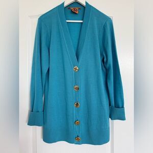 TORI BURCH AQUA BLUE ,THIN KNIT ,GOLD BUTTON CARDIGAN SWEATER